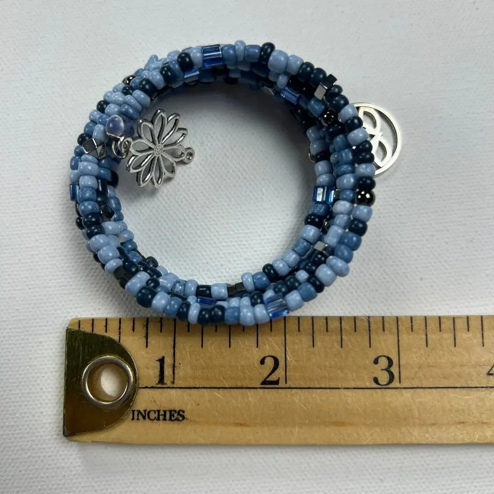 Hand Beaded Coil Bracelet Blue Tones Seed Beads Silver tone Charms
